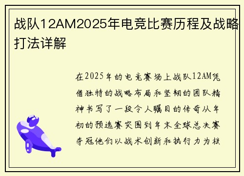 战队12AM2025年电竞比赛历程及战略打法详解